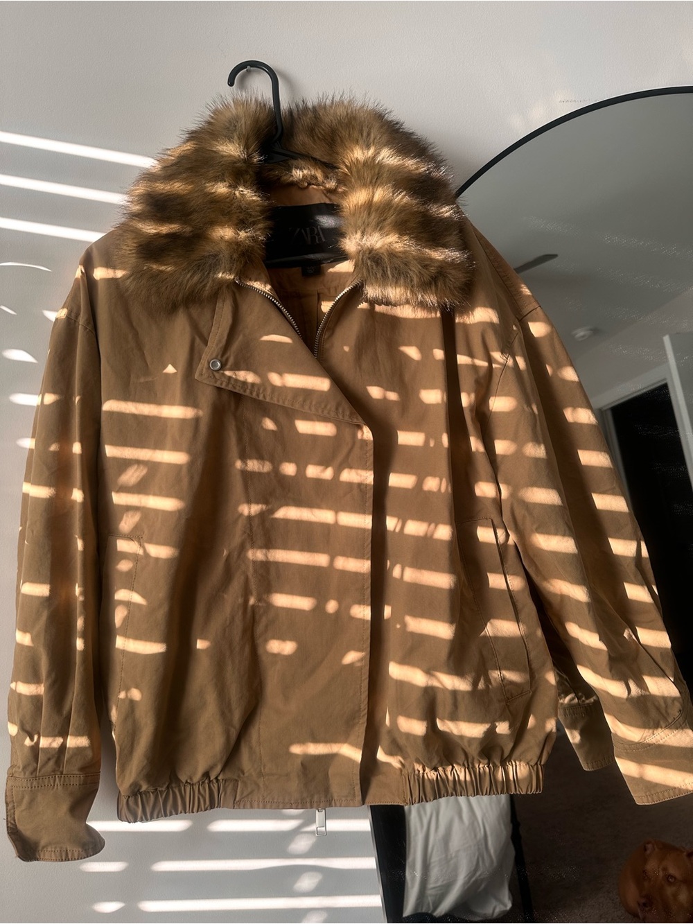 Zara Camel Bomber Jacket with Faux Fur Trim - Picture 2 of 3
